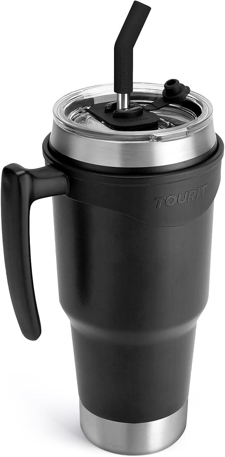 TOURIT 40 oz Insulated Tumbler - Handle & Straw with 3-in-1 Sip Lid | Keeps Drinks Cold for 34H or Hot for 10H - Black
