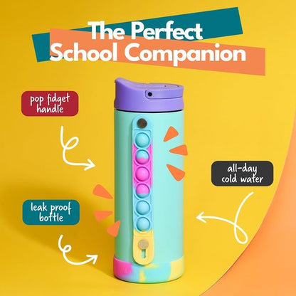 Elemental Iconic Kids Water Bottle - Leak-Proof Stainless Steel with Straw Lid & Pop It Handle, 14oz | Blue Tie Dye