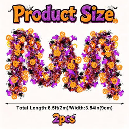 Halloween Tinsel Garland 6.5Ft 2-Pack Orange Purple Pumpkin Spider Bat Decor