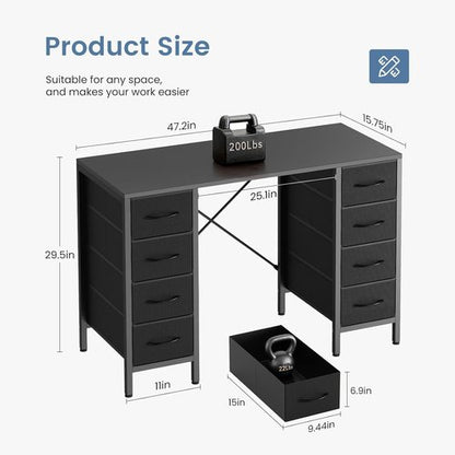 DUMOS 47-Inch Computer Desk - Stylish Office & Gaming Desk with 8 Fabric Drawers | Black