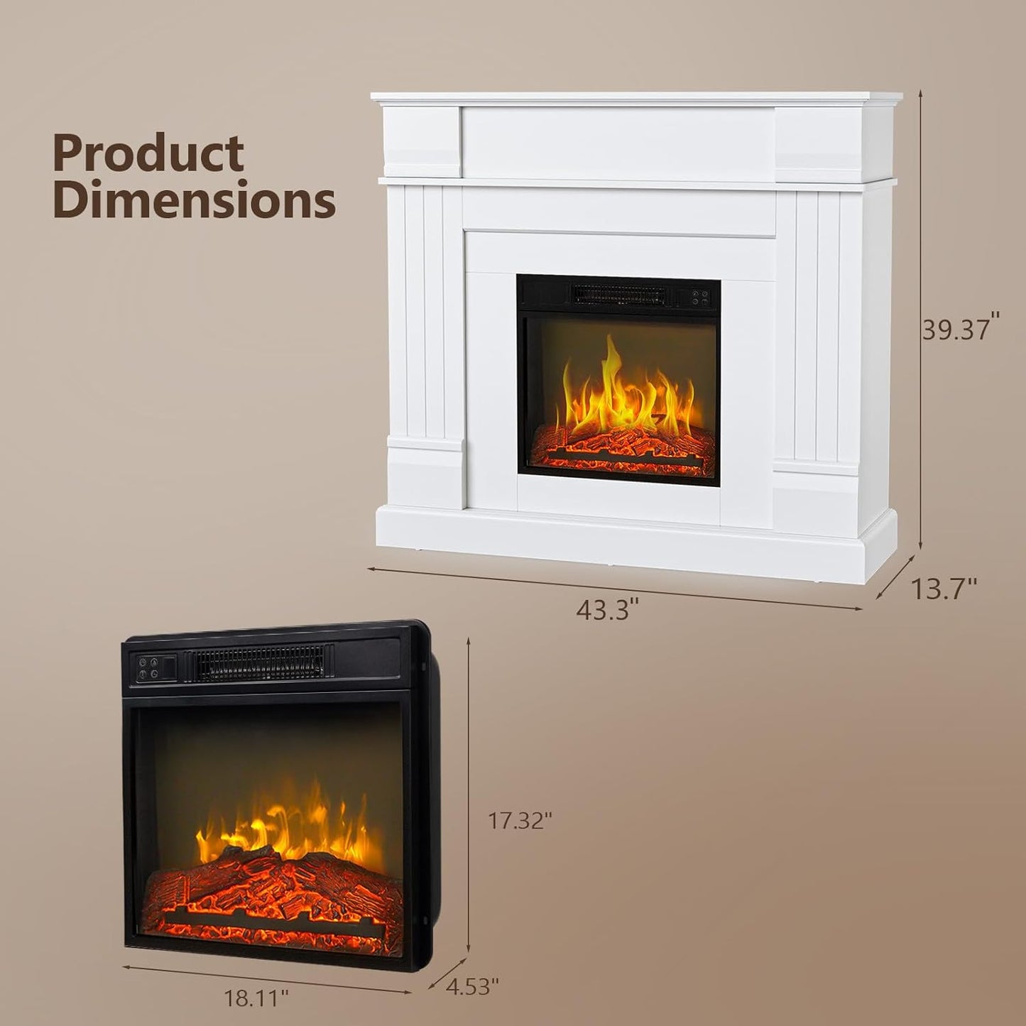 ROVSUN 43'' Electric Fireplace - Freestanding Heater with Timer & Adjustable Temperature | Realistic Flames for Home