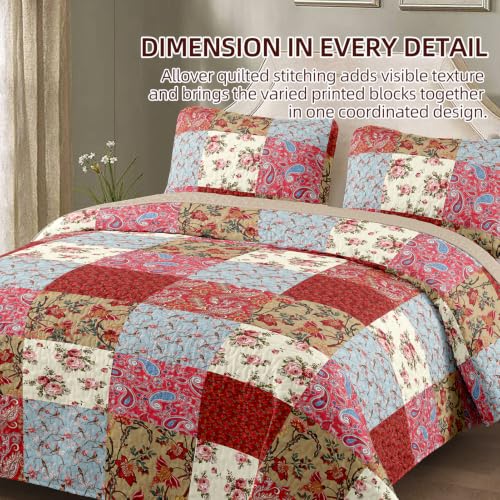 Queen Microfiber Quilt Bedding Set with Pillow Shams, All Season Red Bedspread