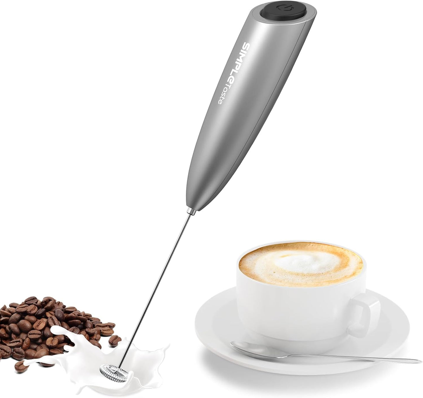 SIMPLETASTE Electric Milk Frother - Handheld Foam Maker with Stainless Steel Whisk for Cappuccino & Latte - Silver