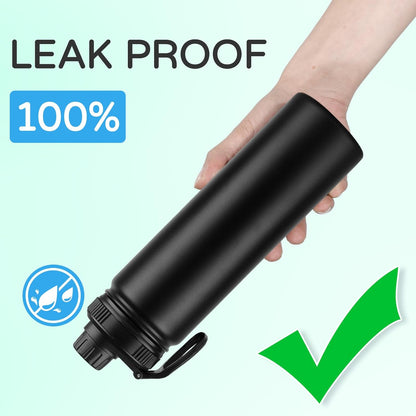 Domicare Insulated Water Bottle - 22 oz Stainless Steel Vacuum Bottle with Straw & Spout Lid | Leakproof Black