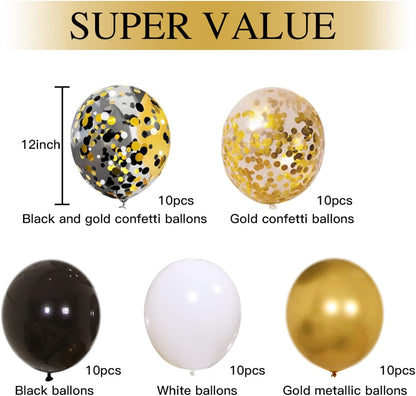 Zesliwy Black Gold Confetti Balloons - 50 Pack of 12-Inch Gold, White & Black Balloons for Parties