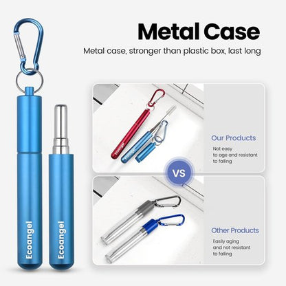Ecoangel Reusable Collapsible Stainless Steel Drinking Straws - 4-Pack with Aluminum Case & Cleaning Brush | Silver, Blue, Red, Green