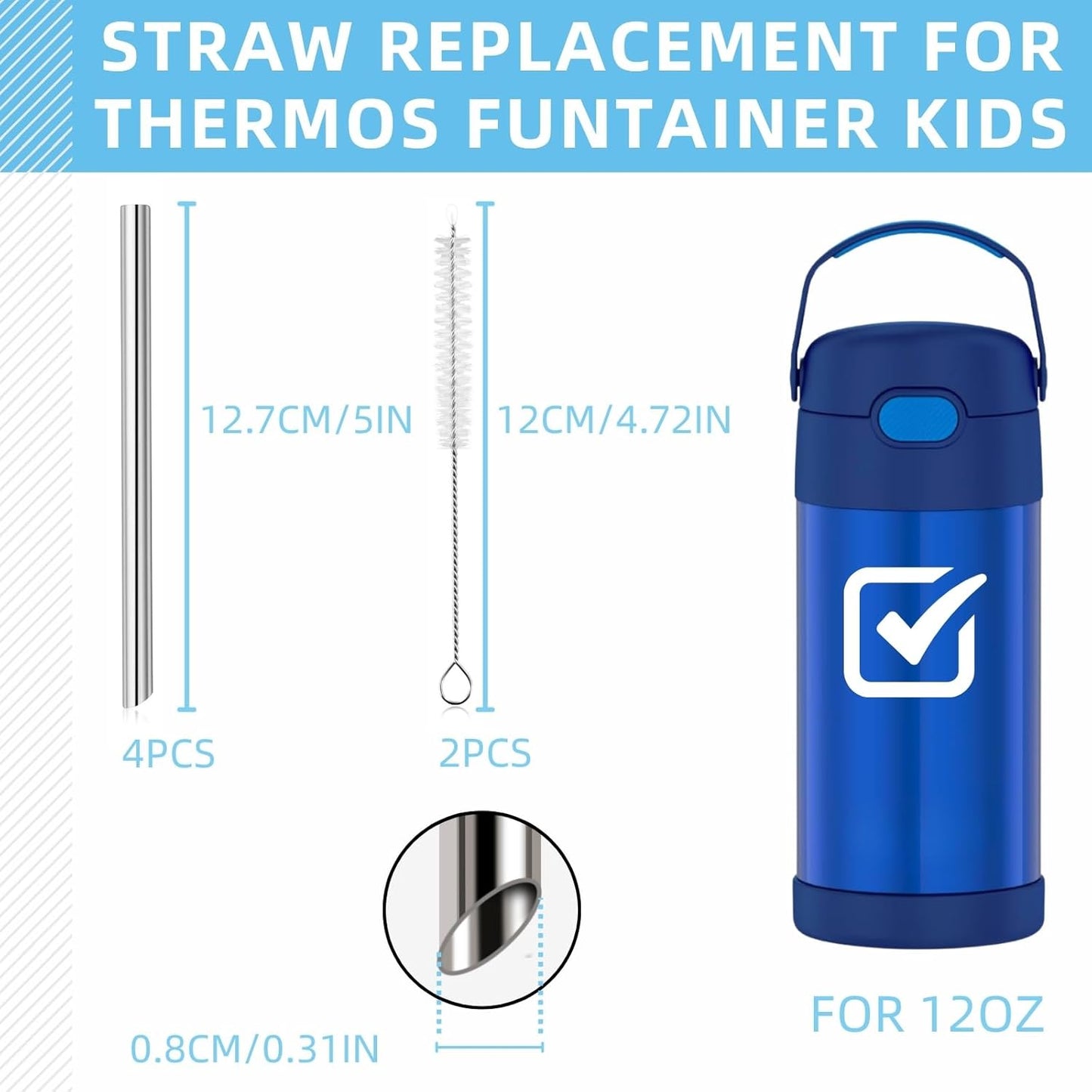 THERMOS Replacement Metal Straws - Reusable Stainless Steel Straws for 12 Ounce FunTainer | 4 Straws + 2 Cleaning Brushes