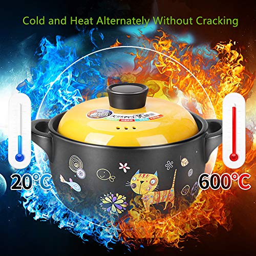 AHUONEL Ceramic Stockpot Clay Cooking Pot Cookware Stovetop, Cartoon Pattern Stew Pot Hot Pot Clay Pots Soup Pot Casserole Cooking Pot 2.6 Quart Yellow Cat