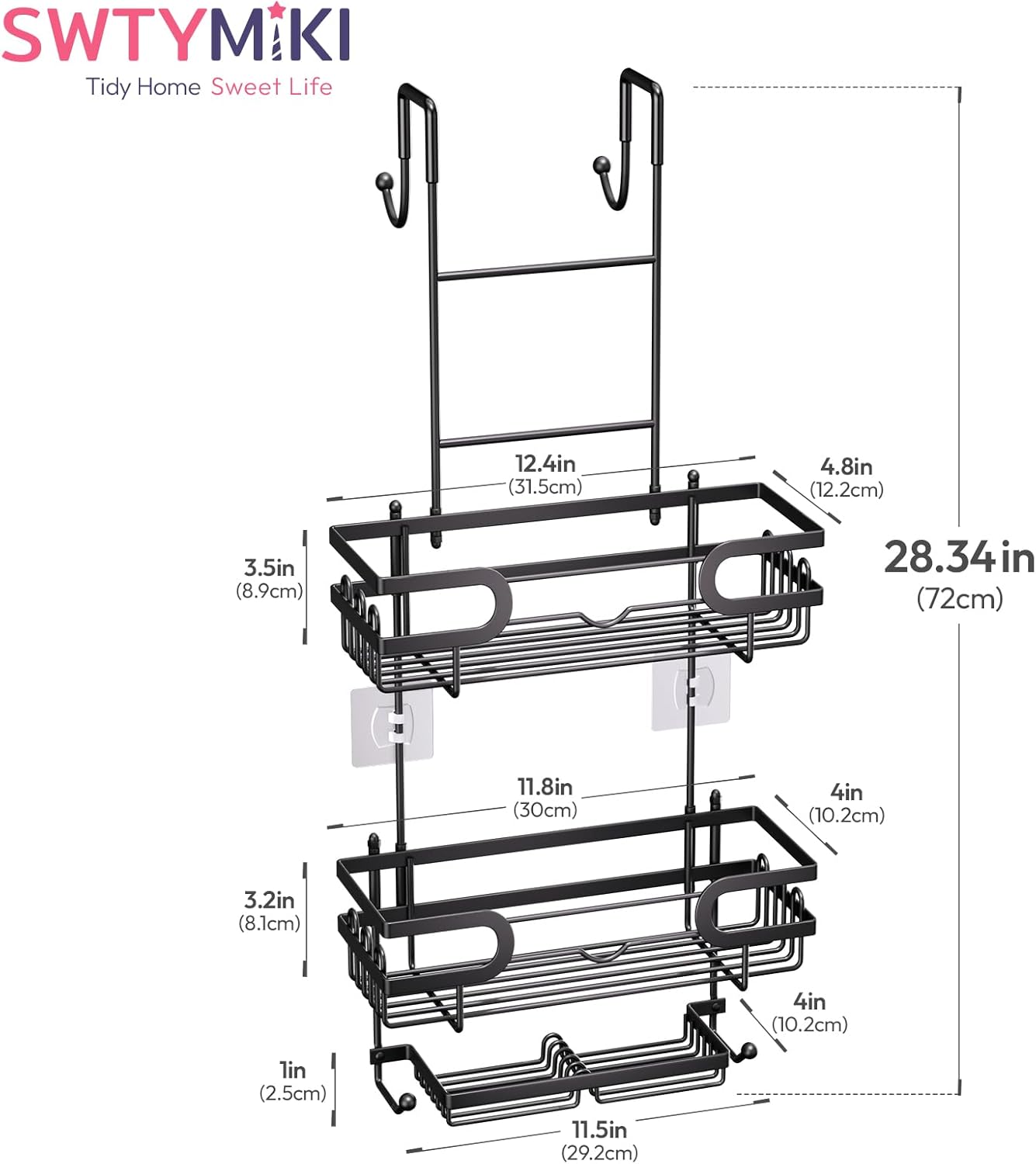 SWTYMIKI Over The Door Shower Caddy - Hanging Organizer with Double Soap Holder & 16 Hooks | Black