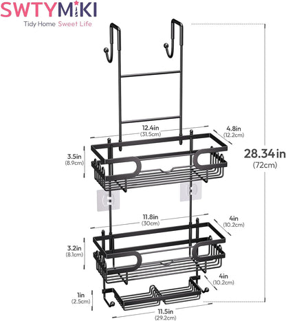 SWTYMIKI Over The Door Shower Caddy - Hanging Organizer with Double Soap Holder & 16 Hooks | Black