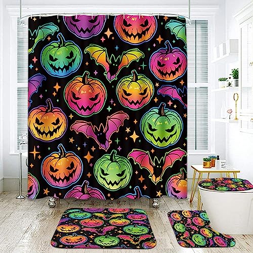 Arttown Autumn Bathroom Sets with Shower Curtain and Rugs and Accessories, Fall Pumpkins Floral Wood Vintage Shower Curtain Sets, Harvest Maple Leaf Shower Curtains for Bathroom Decor 4 Pcs