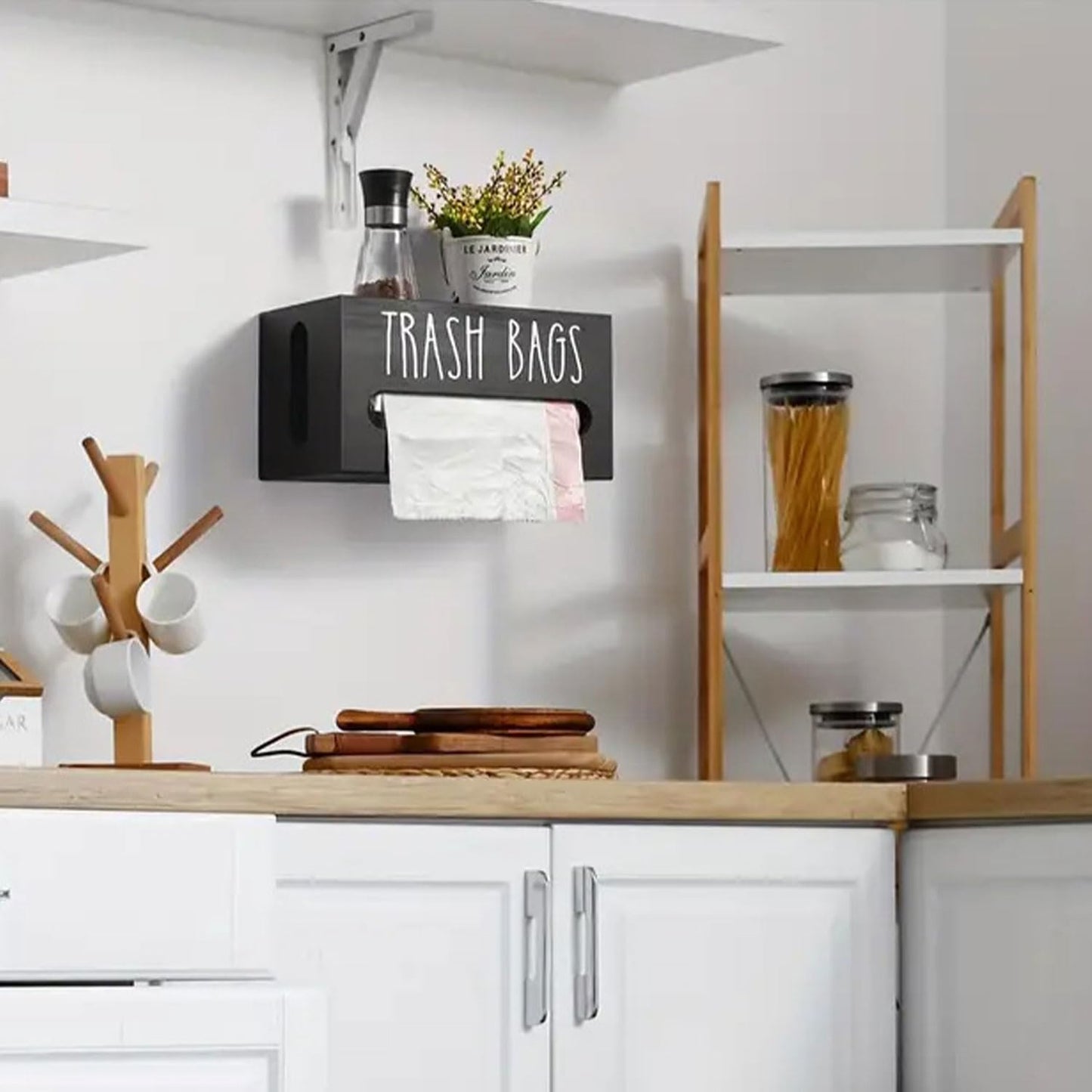 Wooden Trash Bag Dispenser, Trash Bag Holder Wall Mount, Garbage Bag Holder for Cabinet, Farmhouse Plastic Bag Holder for Kitchen Countertop, Under Sink Laundry Room Storage (Black)