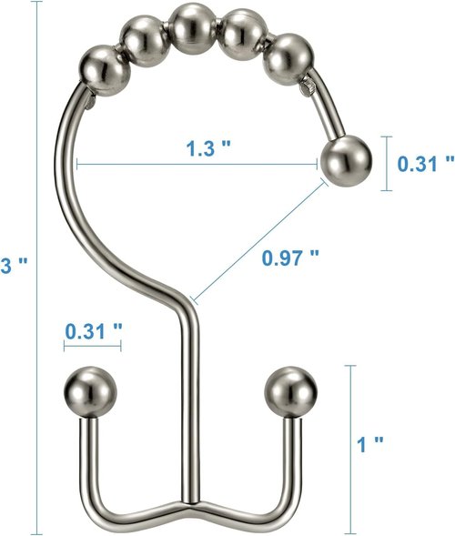 Shower Curtain Hooks Rings, Double Sided Shower Hooks Rust Proof for Bathroom Shower Rods Curtain, Durable Stainless Steel Bathroom Shower Curtain Hangers, Silver, Set of 12