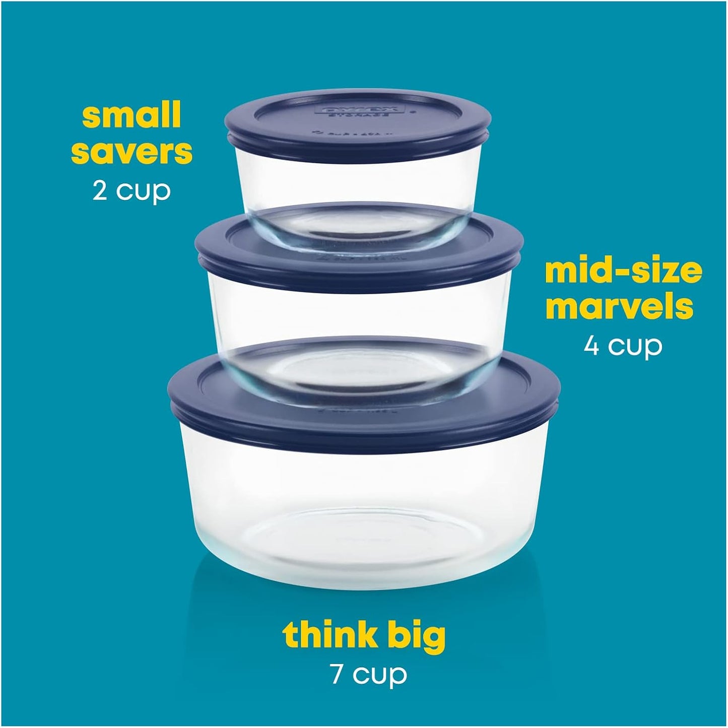 Pyrex Simply Store Glass Food Storage Containers Set - 3-Pack Meal Prep with BPA-Free Lids | Dishwasher & Microwave Safe (2, 4 & 7 Cup)