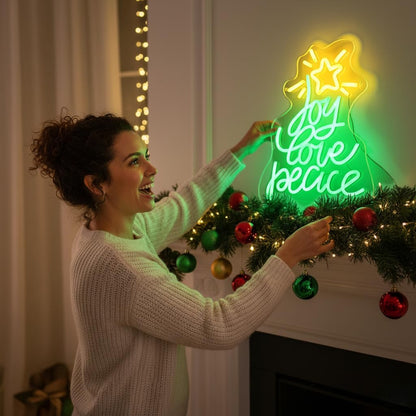 Neon Sign by Christmas Tree - USB Powered LED Light for Wall Decor | Peace, Love, Joy Design