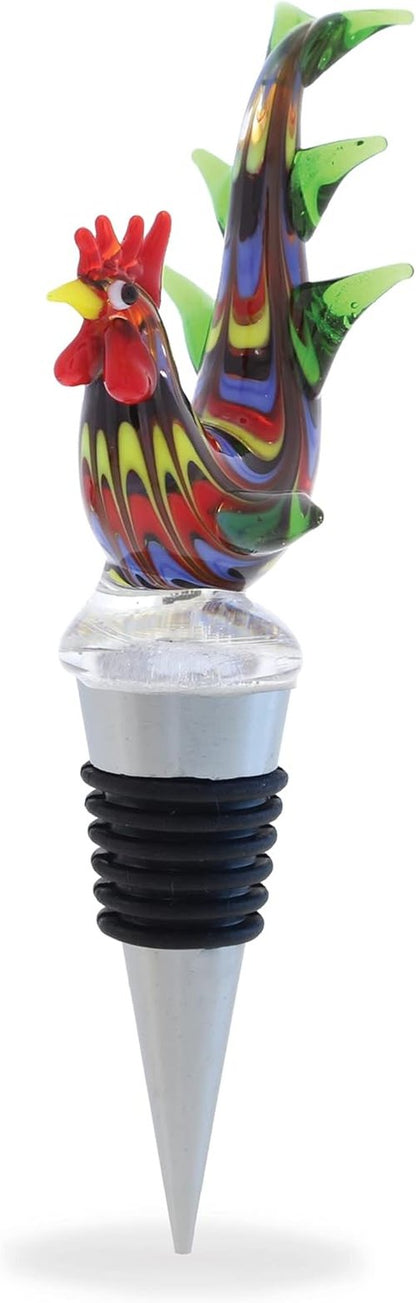 Cheers Rooster Glass Wine Stopper - Elegant Vacuum Seal Reusable Chicken Animal Farm Life Wine Bottle Stopper Airtight Leak Proof Bottle Topper Cork Plug, Cute Home Decor & Bar Tool Accessory Gift