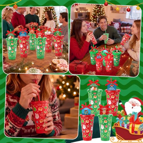 Christmas Plastic Cups Set with Lids & Straws - 24 oz, Red & Green, 24 Pack