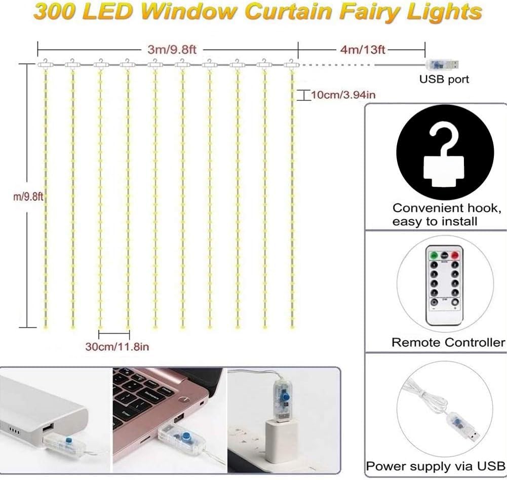Skiennix Curtain Lights - 300 LED Twinkle String Lights for Bedroom & Wedding Decor | 9.8x9.8 Ft