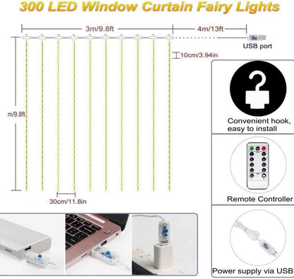 Skiennix Curtain Lights - 300 LED Twinkle String Lights for Bedroom & Wedding Decor | 9.8x9.8 Ft
