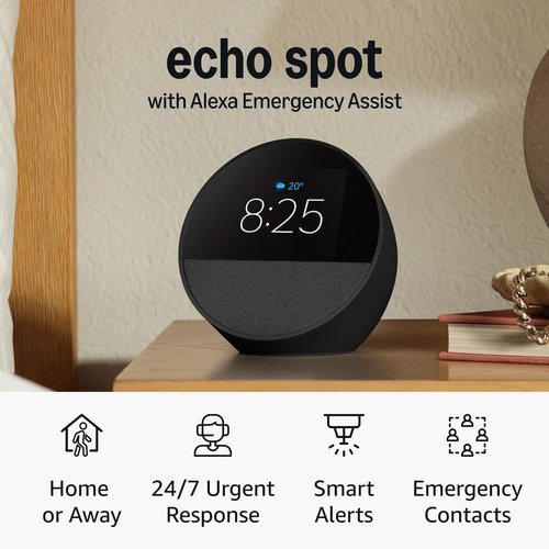 Amazon Echo Spot - Smart Alarm Clock with Alexa - Perfect for Nightstands & Offices - Black