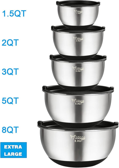 Wildone Mixing Bowls Set - Stainless Steel Nesting Bowls with Airtight Lids & Non-Slip Bottoms | 5 Sizes (1.5 to 8 QT)