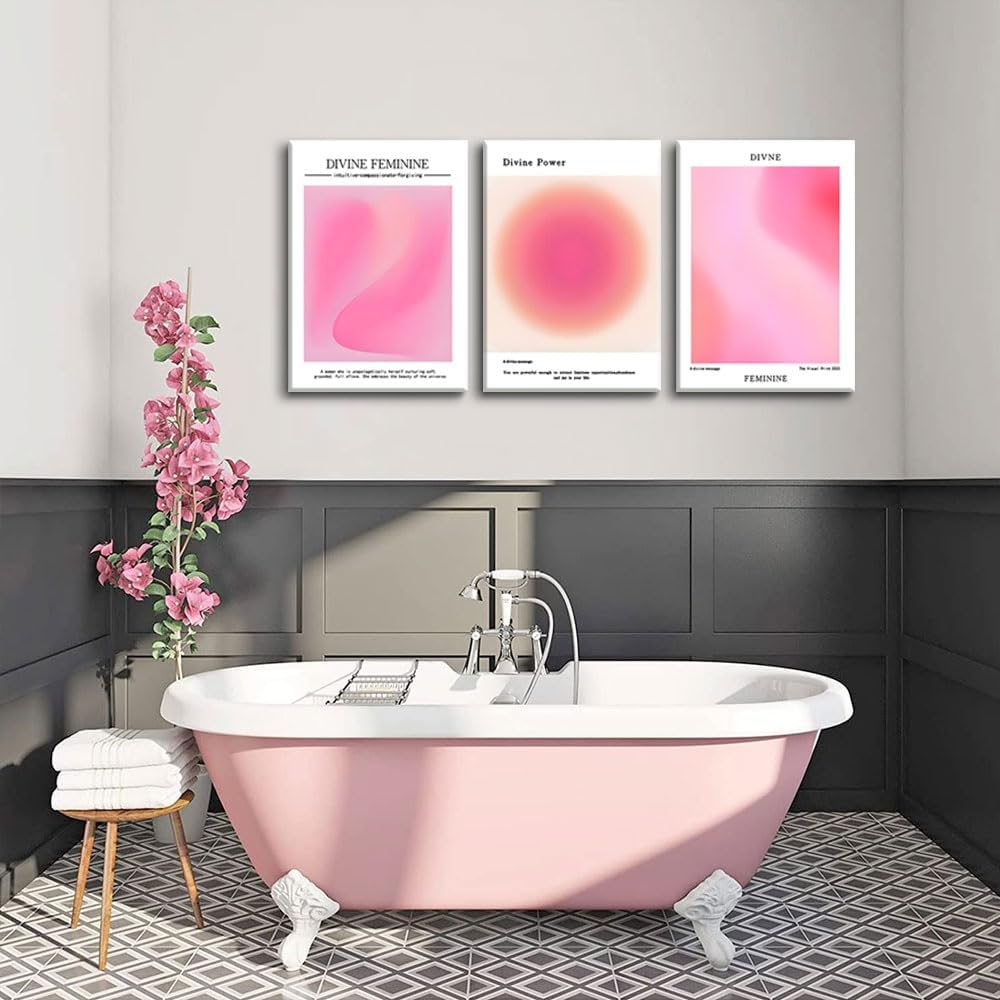 Trendy Aesthetic Canvas Wall Art - Set of 3 Pink Gradient Aura Angel Prints | Framed 12x16 Inch Room Decor