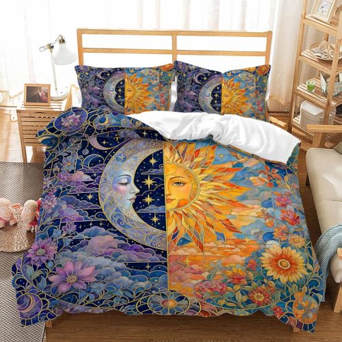 Queen Duvet Cover Set with Sun Moon Floral Mosaic - Celestial Microfiber Bedding