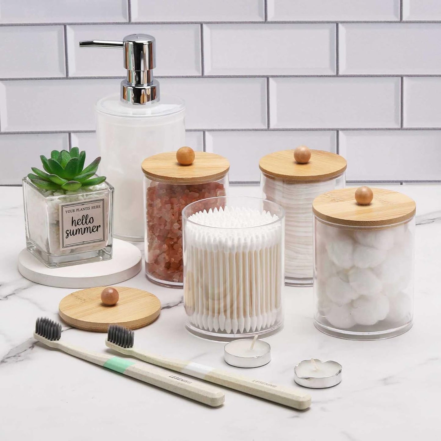 Tbestmax Qtip Holder Dispenser - 4 Pack Clear Plastic Apothecary Jars with Bamboo Lids | 12oz & 10oz Storage