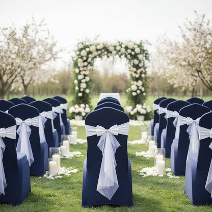 Skiennix Spandex Stretch Chair Bands - 10pcs with Double Satin Bows for Beach Wedding Decor | White