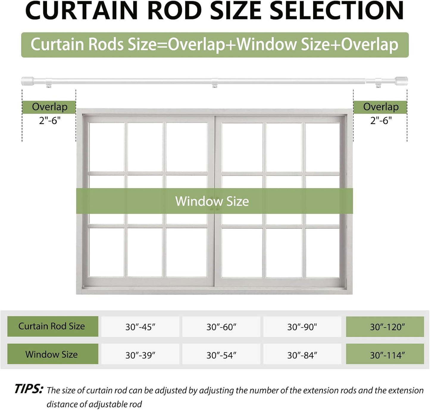 Skiennix Adjustable 5/8” Diameter Curtain Rods - 30-120 Inch for Windows | White with Brackets