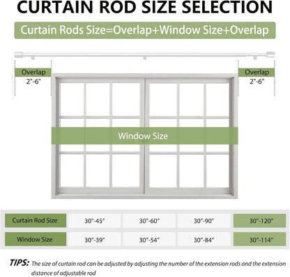 Skiennix Adjustable 5/8” Diameter Curtain Rods - 30-120 Inch for Windows | White with Brackets