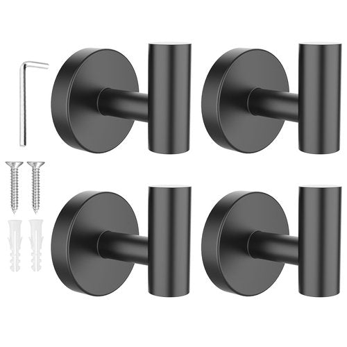 SetSail Towel Hooks for Bathrooms 4 Packs Screw-in Matte Black Bathroom Towel Hook Wall Mounted Stainless Steel Shower Towel Hooks for Coat Hanging, Drill Hole