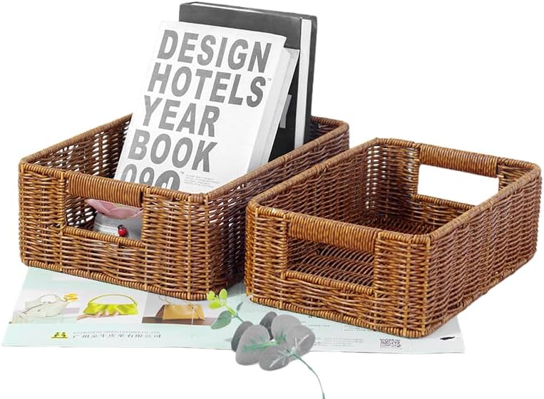 Plastic Storage Baskets - Durable Wicker Design for Pantry Organization | Set of 2, Dark Brown