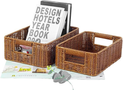 Plastic Storage Baskets - Durable Wicker Design for Pantry Organization | Set of 2, Dark Brown