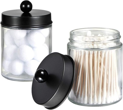Amolliar Apothecary Jars Set - 4 Pack Bathroom Vanity Storage Organizers with Stainless Steel Lids & Cute Stickers | Black Qtip Dispenser for Cotton Swabs & Makeup Sponges