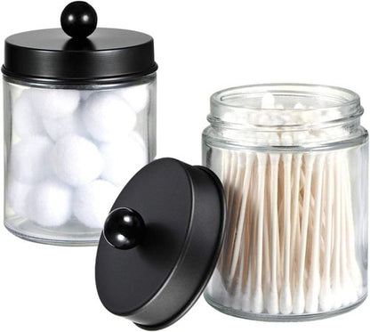 Amolliar Apothecary Jars Set - 4 Pack Bathroom Vanity Storage Organizers with Stainless Steel Lids & Cute Stickers | Black Qtip Dispenser for Cotton Swabs & Makeup Sponges