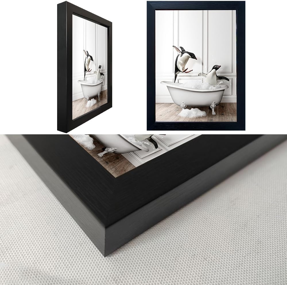 Skiennix Kids Bathroom Wall Art - Framed Black and White Penguin Print | Cute Farmhouse Decor