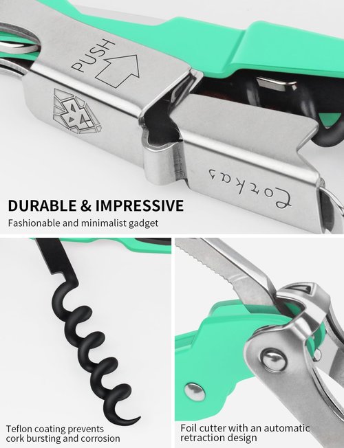CORKAS Wine Key - Professional Handcrafted Heavy Duty Waiter Corkscrew, Compact Wine Opener with Double Hinged, Foil Cutter and Bottle Opener, Gifts for Servers, Sommelier, Bartenders - Light Green