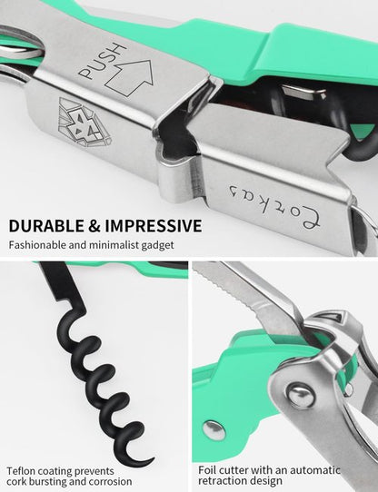 CORKAS Wine Key - Professional Handcrafted Heavy Duty Waiter Corkscrew, Compact Wine Opener with Double Hinged, Foil Cutter and Bottle Opener, Gifts for Servers, Sommelier, Bartenders - Light Green