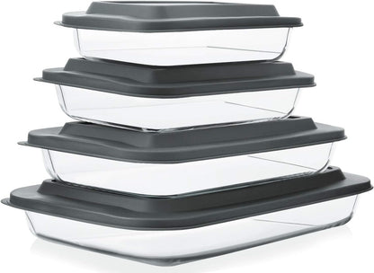Skiennix 8-Piece Deep Glass Baking Dish Set - Rectangular Bakeware with Plastic Lids | Freezer-to-Oven Safe, Gray