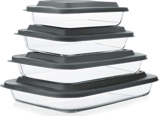 Skiennix 8-Piece Deep Glass Baking Dish Set - Rectangular Bakeware with Plastic Lids | Freezer-to-Oven Safe, Gray