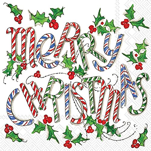 Christmas Cocktail Napkins 5 x 5 Inches - Merry Santa Candy Cane Design, Pack of 20