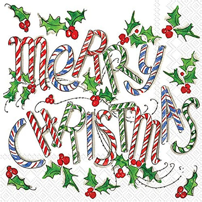 Christmas Cocktail Napkins 5 x 5 Inches - Merry Santa Candy Cane Design, Pack of 20