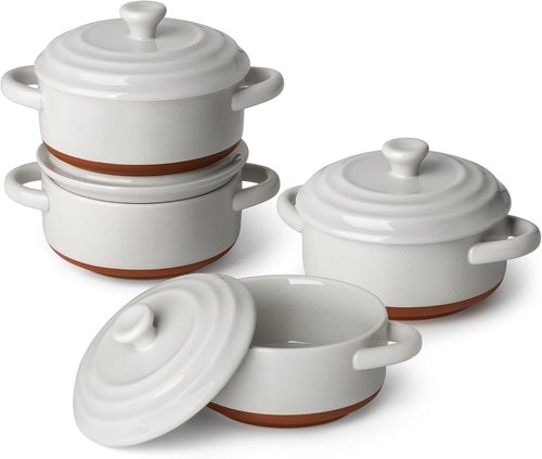 MALACASA Mini Cocotte Set - 12 OZ Ramekins with Lids | Oven-Safe Ceramic Baking Dishes, Set of 4 in Khaki Grey
