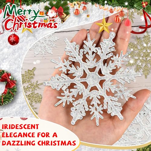 White Gold 36pcs Snowflake Ornaments Set - 4 Sizes, Glitter Plastic Christmas Decorations