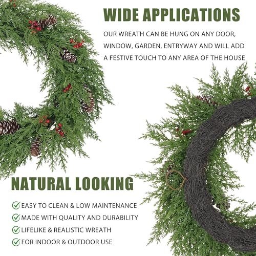 24 Inch Cedar Christmas Wreath with Red Berries & Snow-Frosted Pine Cones - Indoor Outdoor Holiday Decor