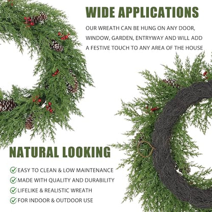 24 Inch Cedar Christmas Wreath with Red Berries & Snow-Frosted Pine Cones - Indoor Outdoor Holiday Decor