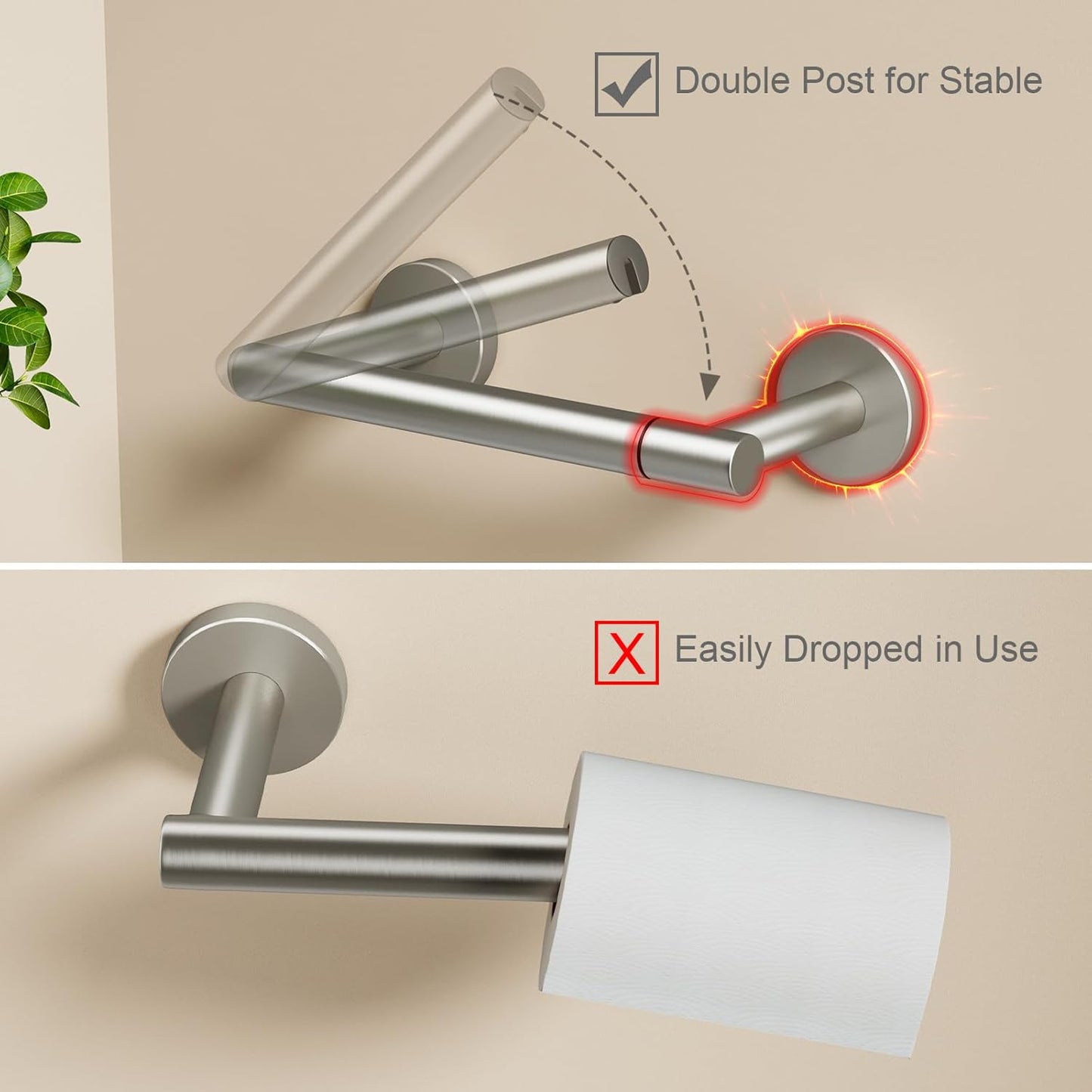 POKIM Brushed Nickel Toilet Paper Holder - Stainless Steel Double Post for Jumbo Rolls | Commercial & Home Use