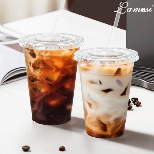 Lamosi 16 oz Clear Plastic Cups - 100 Pack with Lids & Straws for Iced Coffee & Smoothies