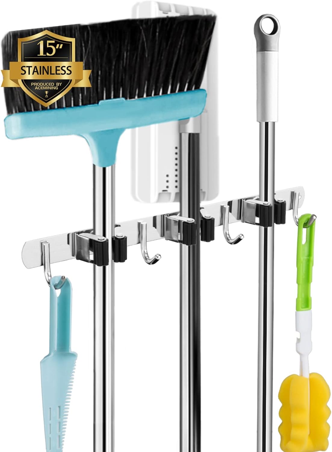 Skiennix Broom and Mop Holder - Wall Mounted Garage Organizer with 3 Racks & 4 Hooks | Heavy Duty Stainless Steel